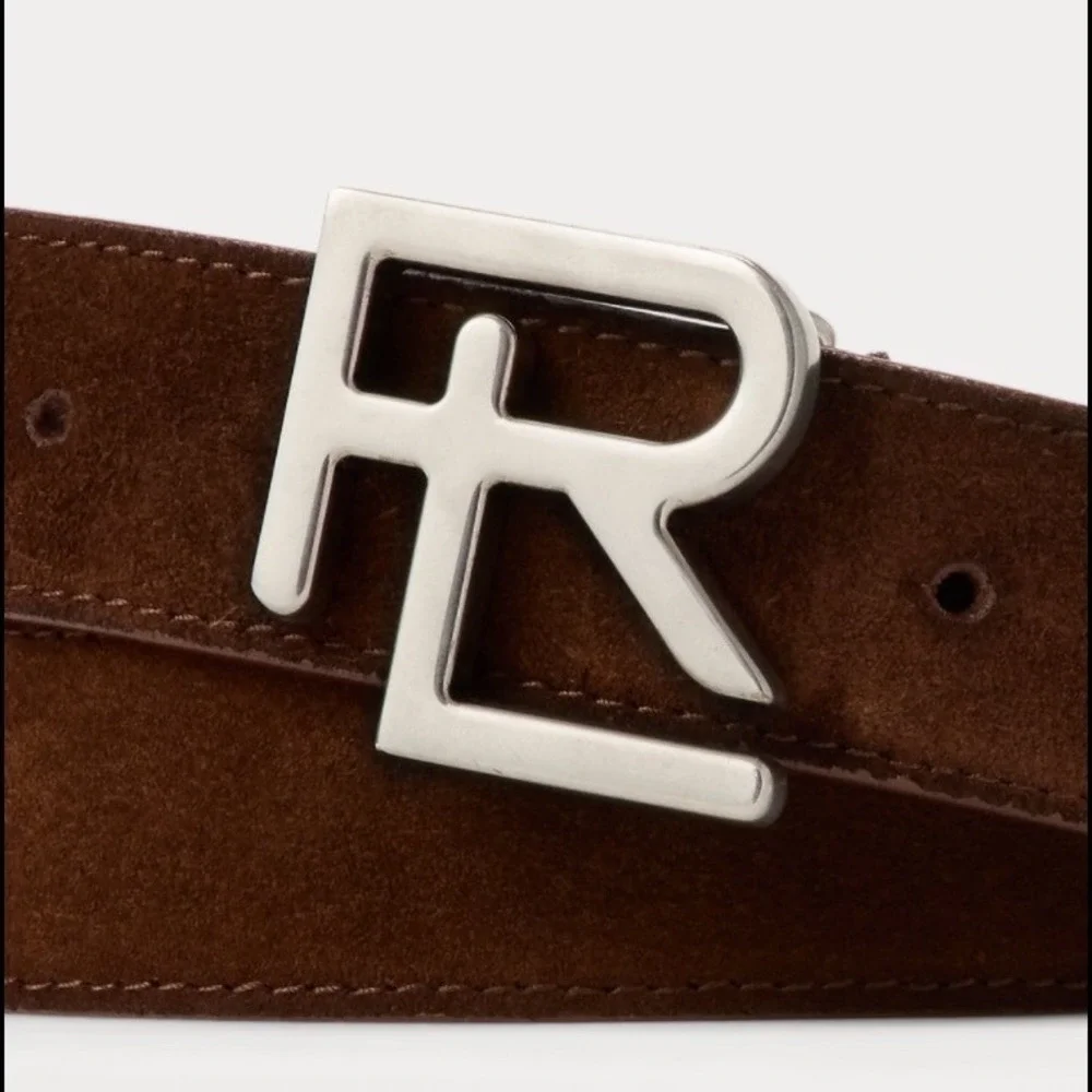 Ralph Lauren Purple Label Brown Calf Suede RL Buckle Belt Size 42 Made in Italy